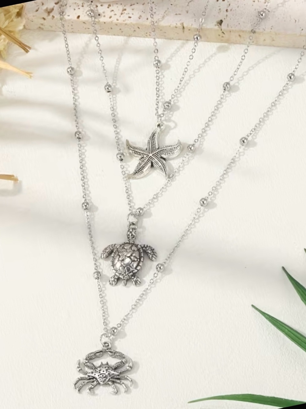 Silver Beach Charm Layered Necklace with Starfish, Crab & Turtle